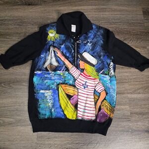 Vintage Hand Painted Nautical Sailor Woman Cotton Sweater Black Medium USA Made